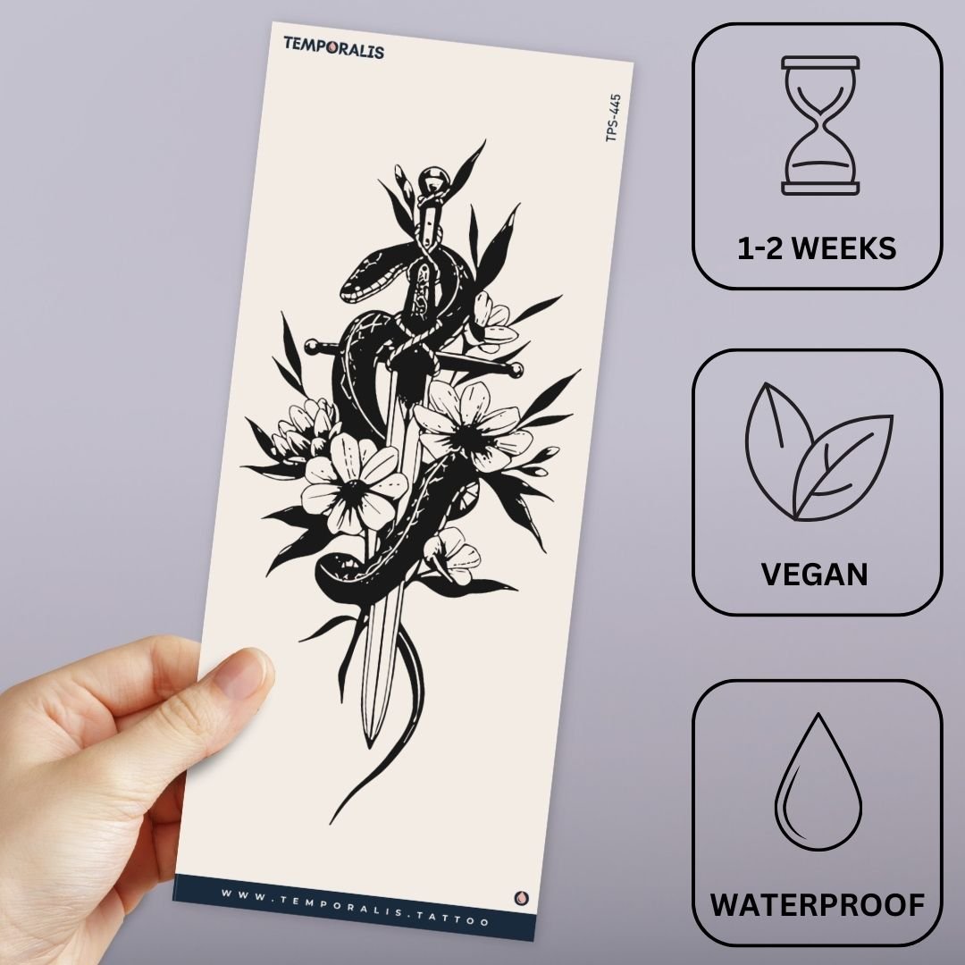 Snake - Wrapped Sword with Flowers Temporary Tattoo - 3 | Temporalis