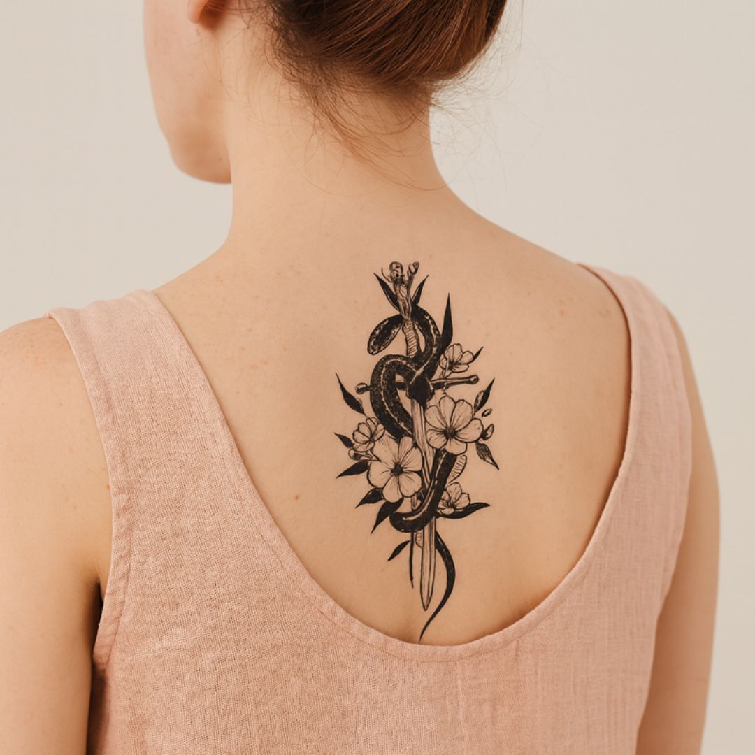 Snake - Wrapped Sword with Flowers Temporary Tattoo - 1 | Temporalis