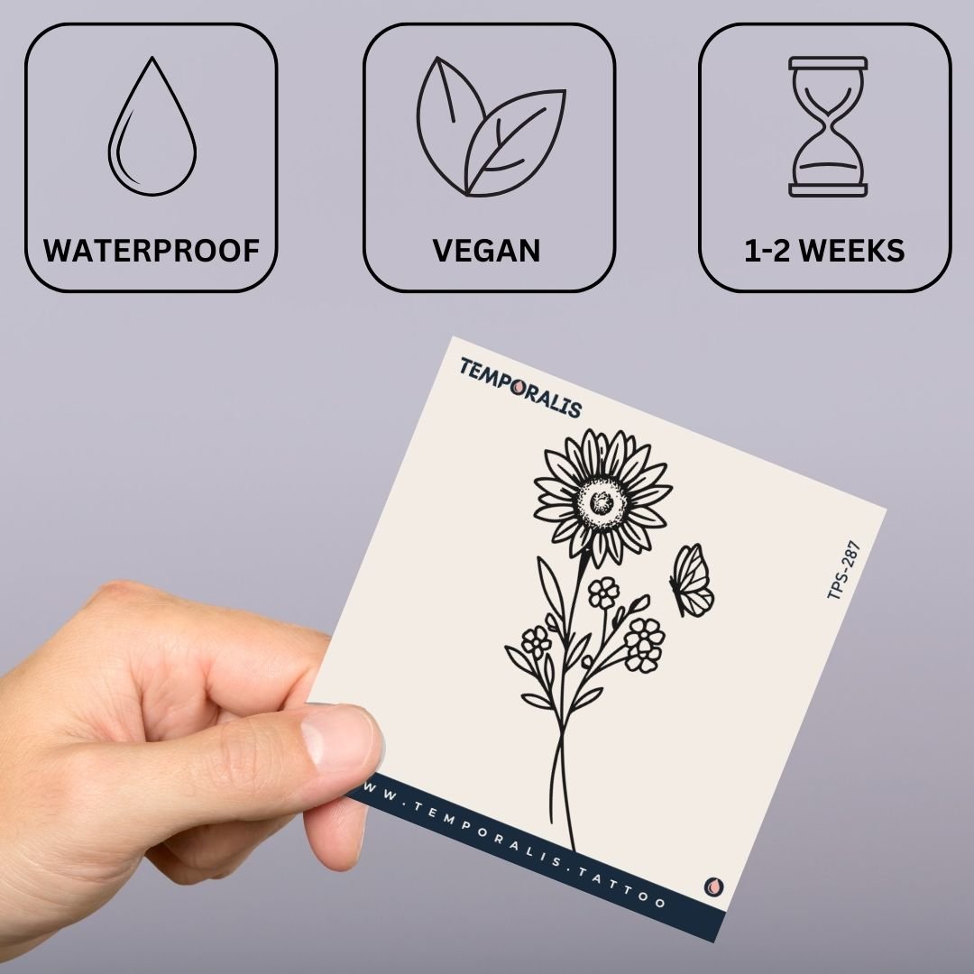 Sunflower & butterfly line art temporary tattoo - 3 | Temporalis